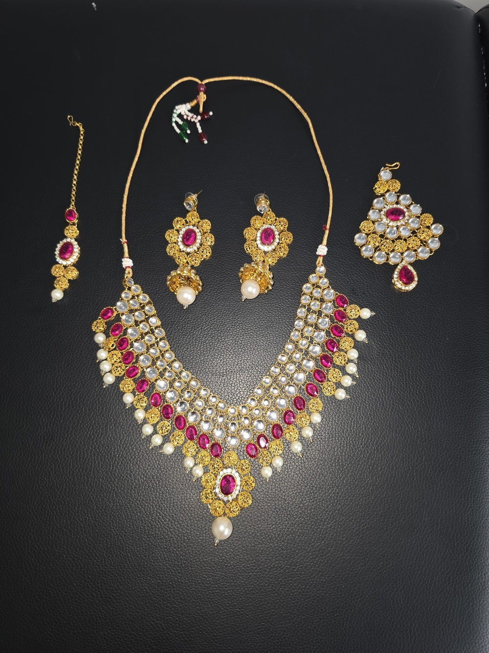 Gold-Tone Ruby & Pearl Bridal Necklace Set - Women Jewelry